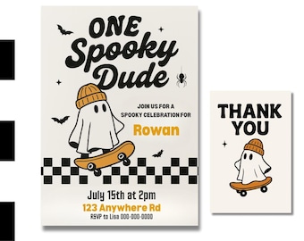 Spooky One Birthday Invitation: Halloween Ghost Skateboard Party (Digital Download 5x7" Canva Template)