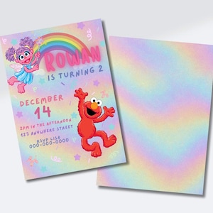 K&ouml;nnte beinhalten: Eine Geburtstagseinladung mit Elmo und Abby Cadabby aus der Sesamstra&szlig;e. Die Einladung ist pastellfarben mit dem Text "Rowan wird 2" und Veranstaltungsdetails. Das Datum ist der 14. Dezember.