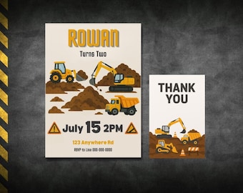 Construction Truck Birthday Invitation & Thank You Card Set (Canva Template)