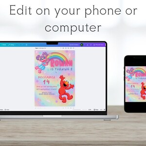 K&ouml;nnte beinhalten: Ein Laptop und ein Smartphone zeigen eine Geburtstagseinladung mit dem Text "ROBIN WIRD 2" und "14. DEZEMBER". Die Einladung zeigt Elmo und Abby Cadabby aus der Sesamstra&szlig;e, einen Regenbogen und Sterne. Oben steht der Text "Bearbeiten auf Ihrem Telefon oder Computer".