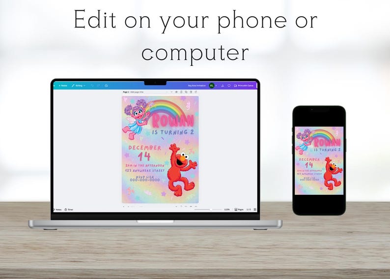 K&ouml;nnte beinhalten: Ein Laptop und ein Smartphone zeigen eine Geburtstagseinladung mit dem Text "ROBIN WIRD 2" und "14. DEZEMBER". Die Einladung zeigt Elmo und Abby Cadabby aus der Sesamstra&szlig;e, einen Regenbogen und Sterne. Oben steht der Text "Bearbeiten auf Ihrem Telefon oder Computer".