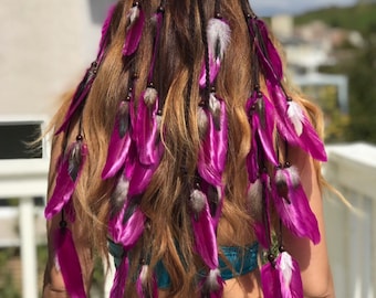 Plum Feather Headdress - tribal feather headpiece, Plum feathers, festival head wear, unique hair accessory