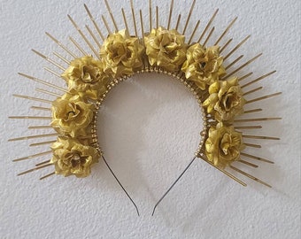 Charlett Spiked Halo Crown, Sunburst Gold Flower Headpiece, Gala Headband, Festival Headwear, New Year's Eve Hair Accessory