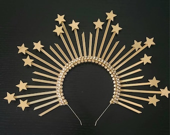 Titania Spiked Halo Crown, Sunburst Gold Star Headpiece, Gala Headband, Festival Headwear, New Year's Eve Hair Accessory