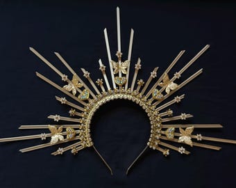 Forever Spiked Flower Crown, Sunburst Gold Flower Headpiece, Gala Headband, Halo Festival Headwear