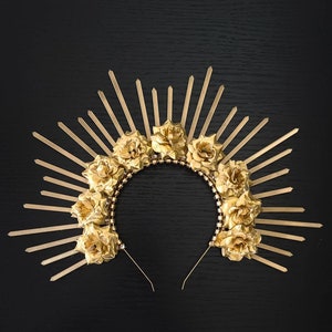 Merry Spiked Halo Crown, Sunburst Gold Flower Headpiece, Gala Headband, Festival Headwear, New Year's Eve Hair Accessory