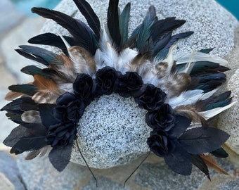 Black Flower & Feather Head Crown - party headwear, feather crown, tribal headband, flower headpiece, Halloween hair accessory