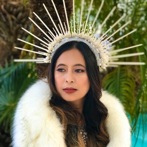 Muse Spiked Halo Crown, Sunburst White Headpiece, Gala Headband, Festival Headwear, New Year&#39;s Eve Hair Accessory