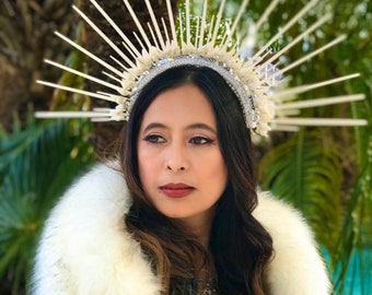 Muse Spiked Halo Crown, Sunburst White Headpiece, Gala Headband, Festival Headwear, New Year's Eve Hair Accessory