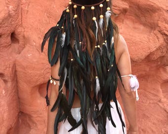 Gaia Feather Headdress - tribal feather headband, festival feather headpiece, headwear, hair accessory