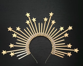 Maebry Spiked Halo Crown, Sunburst Gold Star Headpiece, Gala Headband, Festival Headwear, New Year's Eve Hair Accessory