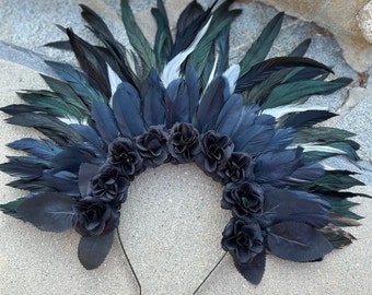 Black Flower & Feather Crown - party headwear, feather crown, tribal headband, flower headpiece, Halloween hair accessory