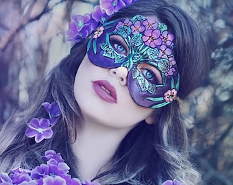 February Violets & Primrose Leather Mask - Limited Edition MADE TO ORDER Floral Birthstone Art Nouveau Mardi Gras Masquerade