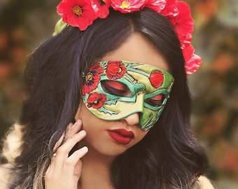 August Birthstone Peridot and Poppy Leather Mask - Limited Edition 1 of 10 Floral Flower Art Nouveau Mardi Gras Masquerade MADE TO ORDER
