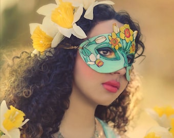 Lady of March Aquamarine and Daffodil Leather Mask - Limited Edition of 10 Floral Flower Art Nouveau Mardi Gras Masquerade