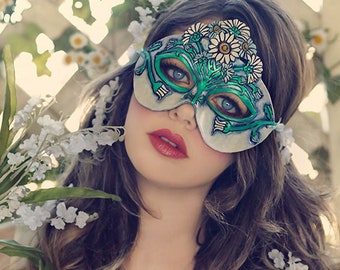 Lady of April Diamond and Daisy Leather Mask - Limited Edition of 10 Birthstone Birth Flower Art Nouveau Mardi Gras Masquerade Wedding