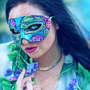 Lady of September Sapphire Morning Glory Leather Mask - Limited Edition 2 of 10 Birthstone Birth Flower Art Nouveau Mardi Gras Masquerade