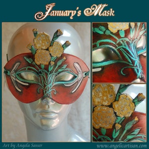 January Birthstone Carnation and Snowdrop Leather Mask Limited Edition 3 of 10 Floral Flower Art Nouveau Mardi Gras Masquerade image 2