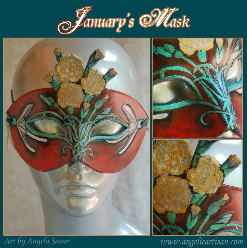 January Birthstone Carnation and Snowdrop Leather Mask Limited Edition 3 of 10 Floral Flower Art Nouveau Mardi Gras Masquerade image 2