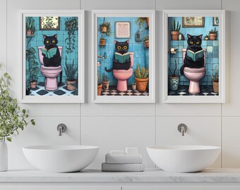 Retro Black Cat Bathroom Art Prints: Funny Toilet Humor (Digital Download)