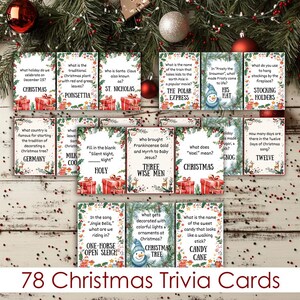 May include: Seventy-eight Christmas trivia cards with colorful illustrations and festive text. The cards feature questions about Christmas traditions, symbols, and characters.