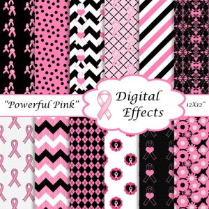 May include: Digital paper pack featuring black and pink patterns. Designs include polka dots, chevrons, diagonal stripes, and floral patterns. The text "Powerful Pink" and "Digital Effects" are displayed.