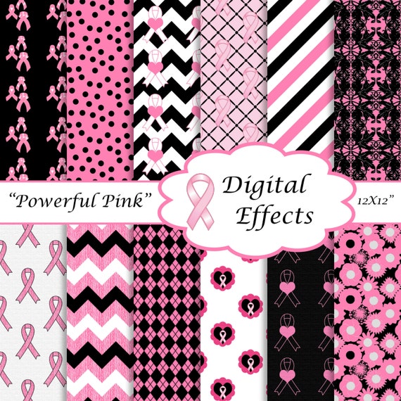 BREAST CANCER Digital Paper, Pink Ribbons, Pink White Black Paper, Pink Ribbons, Pink Chevron,Breast Cancer Awareness Clipart, 12x12 paper