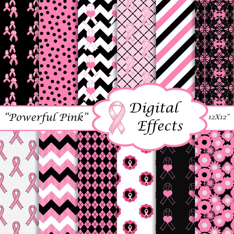 May include: Digital paper pack featuring black and pink patterns. Designs include polka dots, chevrons, diagonal stripes, and floral patterns. The text "Powerful Pink" and "Digital Effects" are displayed.