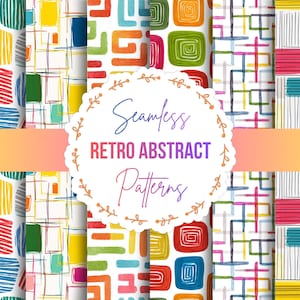 May include: A selection of seamless retro abstract patterns in a range of colours. The designs feature geometric shapes, lines, and swirls in shades of red, yellow, green, blue, and orange. The image includes the text "Seamless Retro Abstract Patterns".