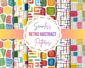 80s 90s Y2K Retro Abstract Seamless Patterns| Mid Century Modern, Colorful MCM Geometric PNG (Commercial Use)