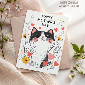 Cartão de Dia das Mães para imprimir, Cartão engraçado de gato para a mãe, Cartão floral de Dia das Mães, Cartão digital de Dia das Mães para amantes de gatos, Cartão fofo de Dia das Mães 4x6, 5x7