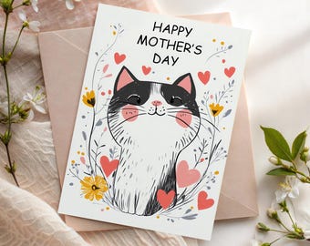 母の日カード（印刷可能）、お母さんへの面白い猫のカード、花柄の母の日カード、猫好きのためのデジタル母の日カード、かわいい母の日カード（4x6、5x7）