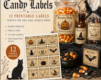 Halloween Candy Labels, 12 Primitive Rustic Apothecary Jar PNG Stickers for Party Favors, Gothic Cottagecore, Junk Journal, Vintage Fall