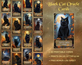 Black Cat Oracle Cards: Printable Divination Deck, Grimoire (JPG & PDF)