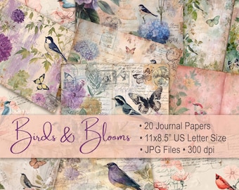 Watercolor Birds & Flowers Junk Journal Kit: 20 Printable Collage Sheets (JPG)