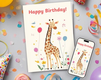 Happy Birthday Card Giraffe, Digital Printable Birthday Card & Envelope, Ecard Birthday Card,  Child Birthday Card,  Cute Birthday Card PDF