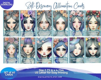 Self Discovery Affirmation Cards, Oracle Deck Wicca, Shadow Work, Divination, Grimoire, Tarot, Spiritual Guidance, Printable Cards Set of 40