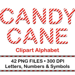 Alfabeto de bastones de caramelo, letras, números y símbolos estilizados con rayas rojas y blancas, 42 archivos PNG, imágenes prediseñadas de Navidad, imágenes prediseñadas del alfabeto digital