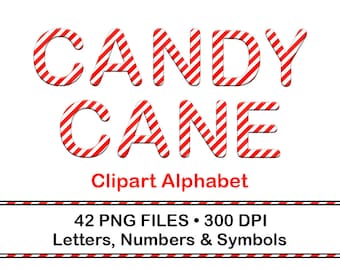 CANDY CANE Alphabet, Stylized Red & White Candy Striped Letters Numbers Symbols, 42 PNG Files, Christmas Clipart, Digital Alphabet Clipart