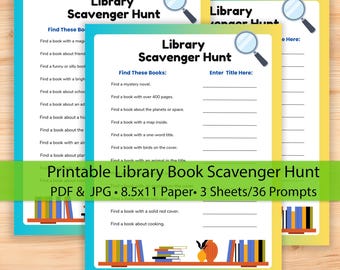 Library Scavenger Hunt Printable for Kids and Teens, Reading Activity Worksheet, Classroom Game, Homeschool Activity,Bookish Trivea Game PDF