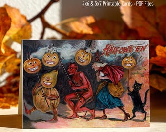 Printable Halloween Card Digital Download, Funny Devil Witch Pumpkin, 4x6, 5x7 Cards & Envelopes, Vintage Greeting Postcard
