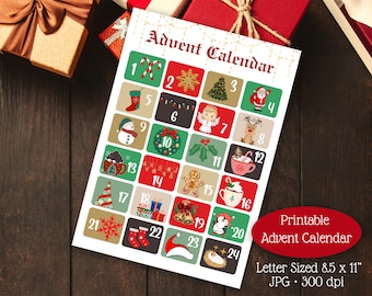 Christmas Advent Calendar, Digital Download, Printable Advent Calendar, Christmas Countdown,  Christmas Gift Tags, Christmas Party Favor
