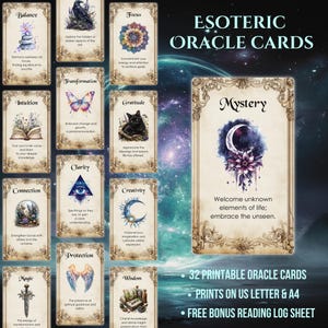 Cartas del oráculo esotérico, baraja del oráculo imprimible en formato JPG, grimorio y trabajo con las sombras, herramienta de adivinación, cartas del tarot, wicca, hoja de diario del oráculo adicional
