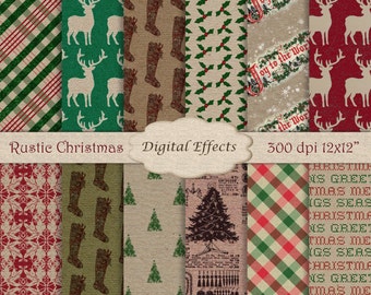 CHRISTMAS Digital Paper, Rustic Christmas Texture Paper, Kraft Digital Paper Pack,Christmas Scrapbook Paper,Red Green Tan Digital Paper Pack