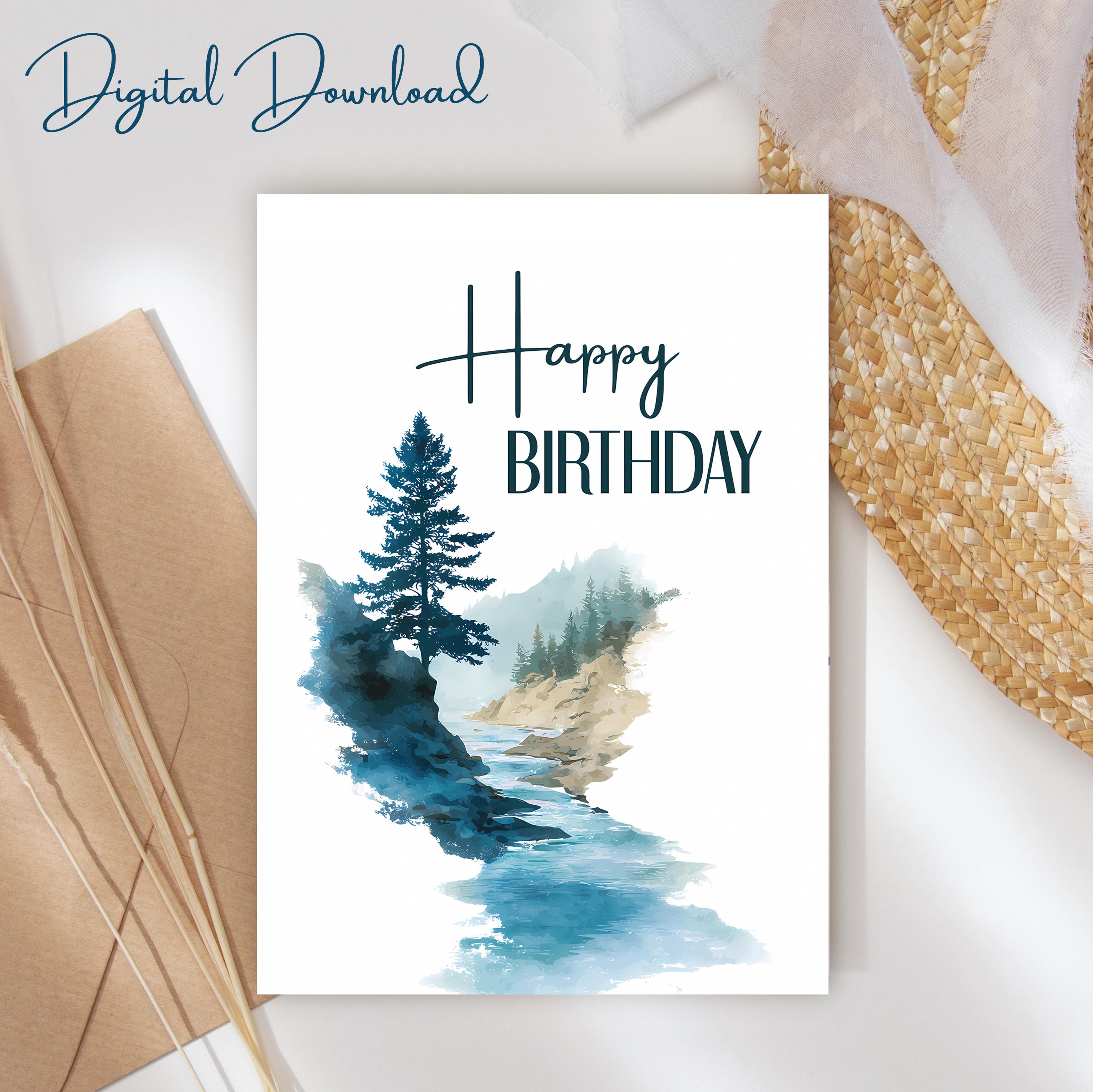 Watercolor Birthday Card for Him: Printable DIY With Envelopes (digital ...