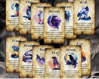 Oracle Cards, Grimoire, Witches Familiars, Animal Spirit Guide Printable Cards, Shadow Work, Junk Journal Ephemera, Book of Shadows Pages