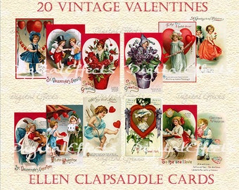 VALENTINE'S DAY POSTCARDS, 20 Ellen Clapsaddle Digital Valentine Cards, Printable Valentines Day Cards,Vintage Postcards,Valentine Ephemera