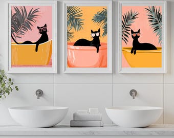 Bathroom Wall Art, Black Cat Artwork, Funny Cat With Sunglasses, Bathroom Artwork, Matisse Art, Bathroom Humor Art, Set of 3 Digital Prints