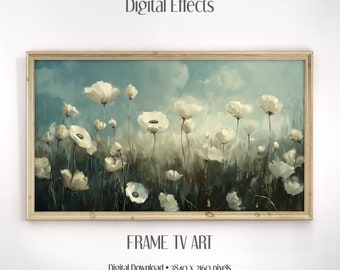 Frame TV Art, Digital Oil Painting Floral Frame TV Picture, Impasto Painting, Neutral Frame TV Art White Wildflowers Farmhouse Cottagecore