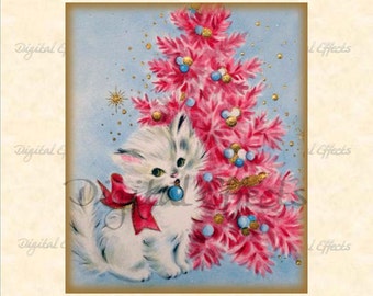 RETRO CHRISTMAS CARD, Digital Download Vintage Kitty Christmas Card, Cat Christmas Card, Kitten Christmas Tree Card, Pink Christmas Tree